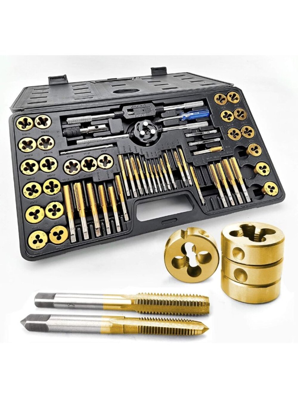 60-Piece Tap and Die Set - Metric & SAE, Durable Titanium-Coated Steel Tools